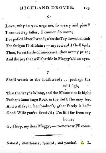 page of Highland Drover with Capel Lofft's note